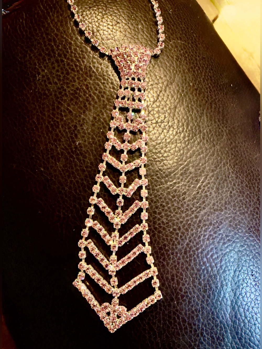 Pink Crystal necktie Necklace Jewelry. Bright and sparkly. Silver toned.